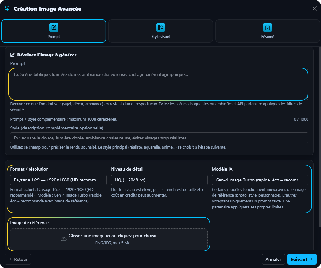 Étape 1 — Prompt, format/résolution, modèle IA, image de référence, bouton Suivant