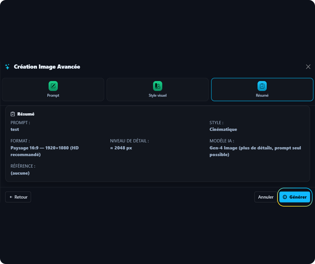 Étape 3 — Résumé : prompt, format, détail, style, modèle IA, bouton Générer