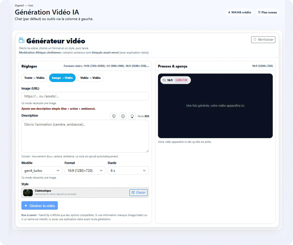Étape 1 — Type de vidéo, prompt, style supplémentaire, modèle, format, durée, styles prêts, bouton Générer