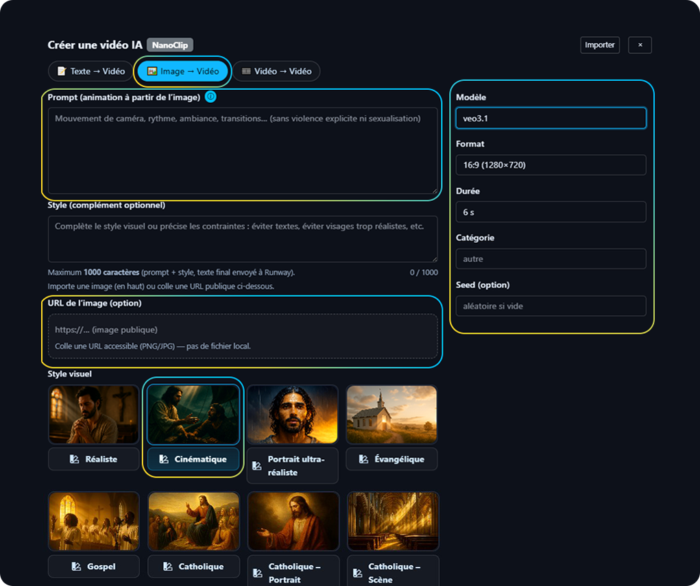 Étape 1 — Type de vidéo, prompt, style supplémentaire, modèle, format, durée, styles prêts, bouton Générer